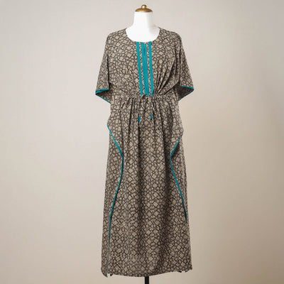 Brown - Pipad Hand Block Printed Cotton Kaftan with Tie-Up Waist (Long)