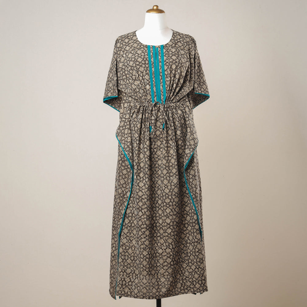 Brown - Pipad Hand Block Printed Cotton Kaftan with Tie-Up Waist (Long)