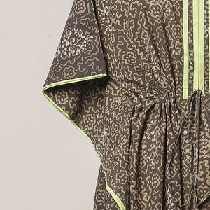 Brown - Pipad Hand Block Printed Cotton Kaftan with Tie-Up Waist (Long)