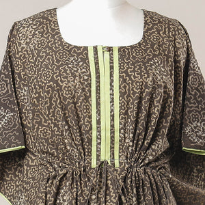 Brown - Pipad Hand Block Printed Cotton Kaftan with Tie-Up Waist (Long)