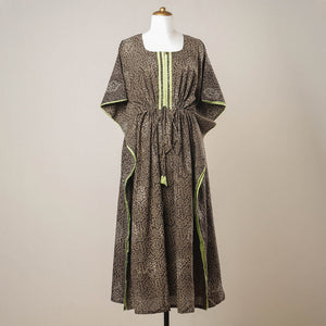 Brown - Pipad Hand Block Printed Cotton Kaftan with Tie-Up Waist (Long)