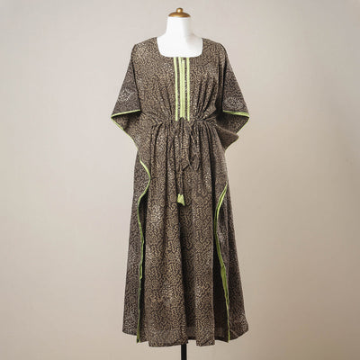 Brown - Pipad Hand Block Printed Cotton Kaftan with Tie-Up Waist (Long)