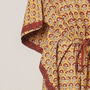 Beige - Pipad Hand Block Printed Cotton Kaftan with Tie-Up Waist (Long)