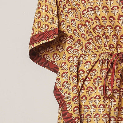 Beige - Pipad Hand Block Printed Cotton Kaftan with Tie-Up Waist (Long)