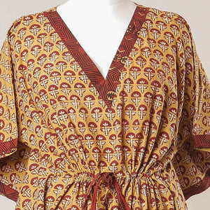 Beige - Pipad Hand Block Printed Cotton Kaftan with Tie-Up Waist (Long)