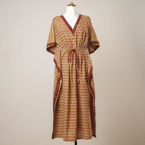 Beige - Pipad Hand Block Printed Cotton Kaftan with Tie-Up Waist (Long)