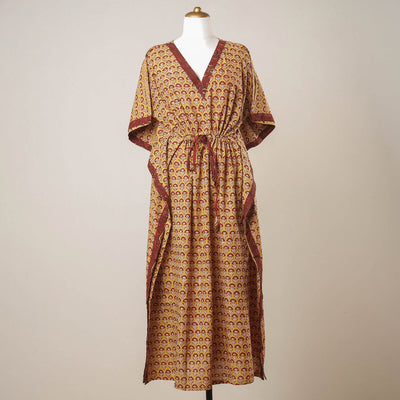 Beige - Pipad Hand Block Printed Cotton Kaftan with Tie-Up Waist (Long)