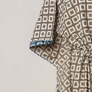 Brown - Pipad Hand Block Printed Cotton Kaftan with Tie-Up Waist (Long)