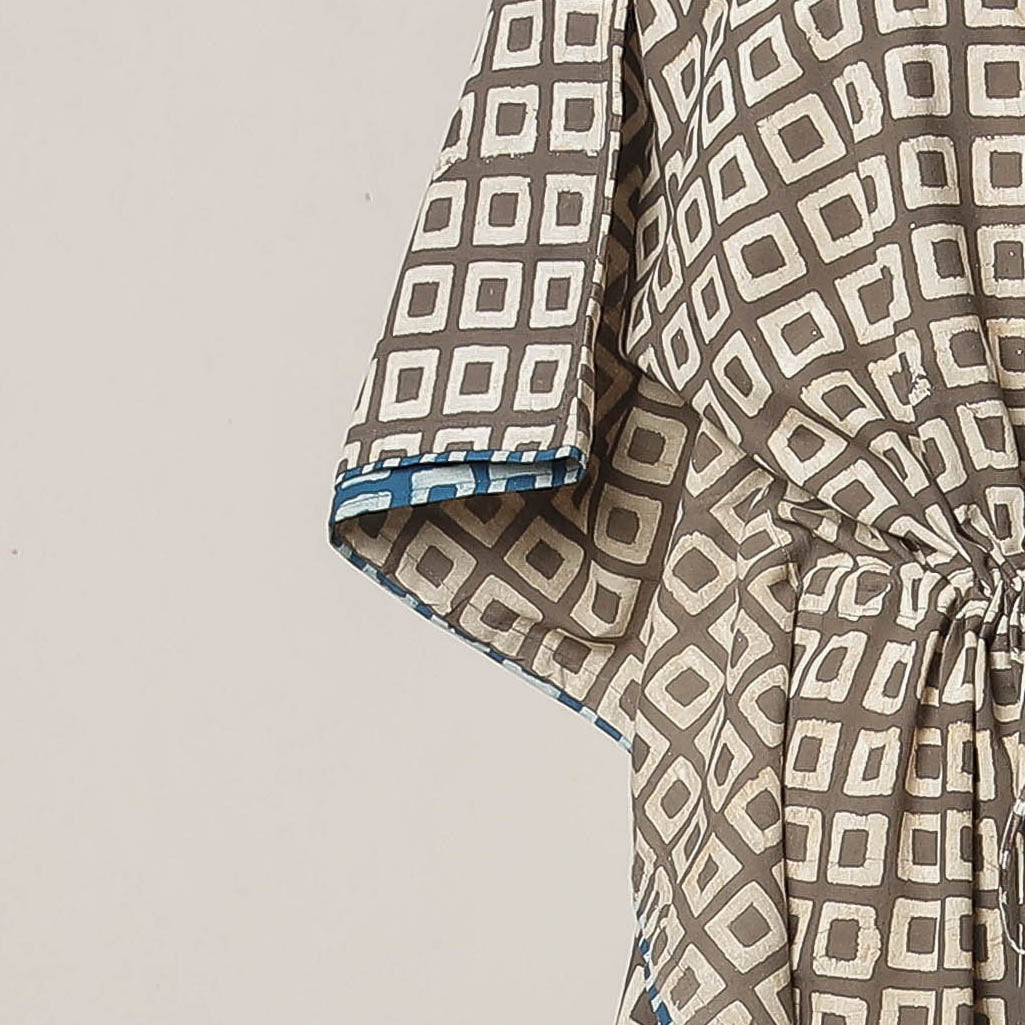 Brown - Pipad Hand Block Printed Cotton Kaftan with Tie-Up Waist (Long)