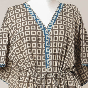Brown - Pipad Hand Block Printed Cotton Kaftan with Tie-Up Waist (Long)