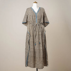 Brown - Pipad Hand Block Printed Cotton Kaftan with Tie-Up Waist (Long)