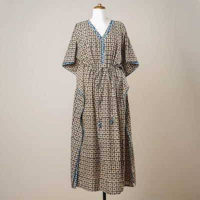 Brown - Pipad Hand Block Printed Cotton Kaftan with Tie-Up Waist (Long)