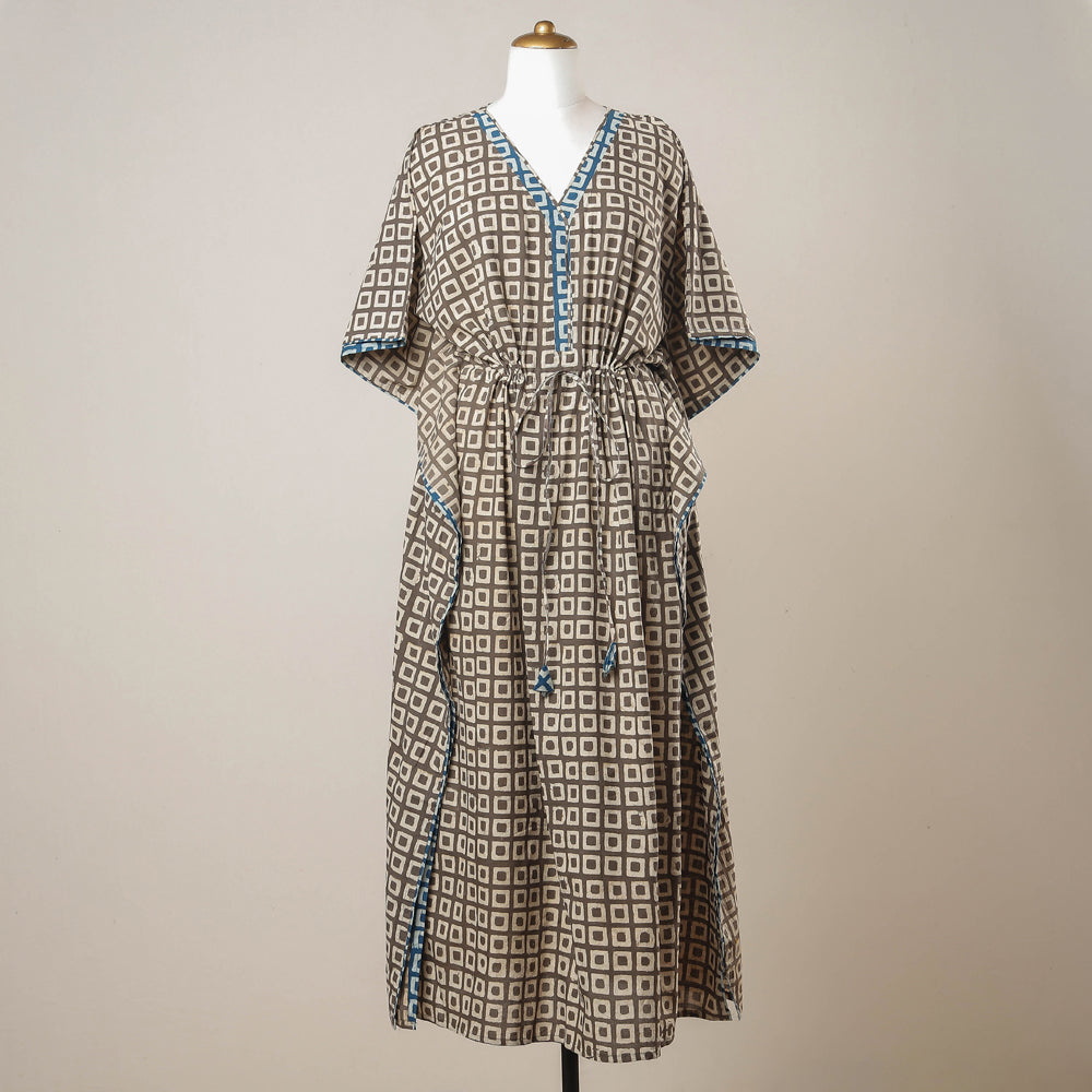 Brown - Pipad Hand Block Printed Cotton Kaftan with Tie-Up Waist (Long)