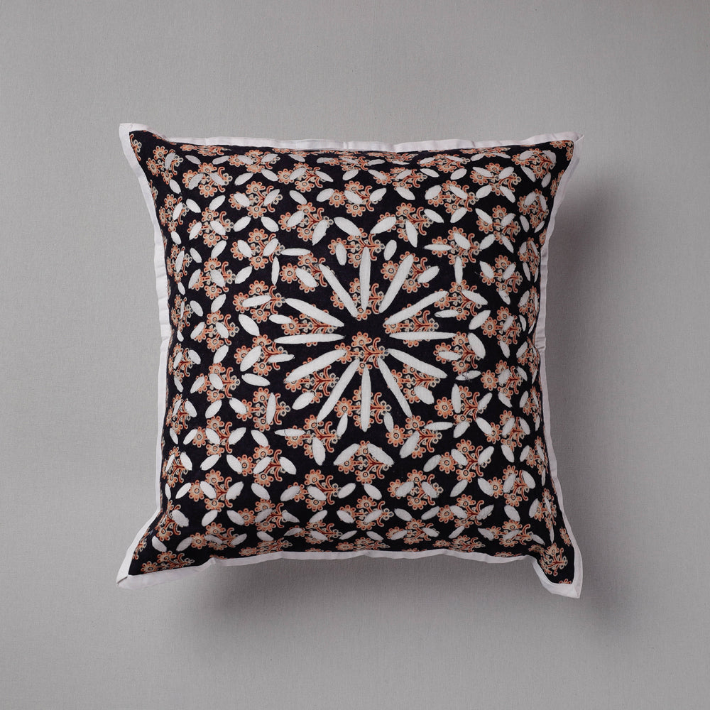 Black - Cutwork Cotton Applique Cushion Cover (16 x 16 in)