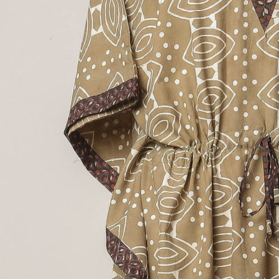 Brown - Pipad Hand Block Printed Cotton Kaftan with Tie-Up Waist (Long)