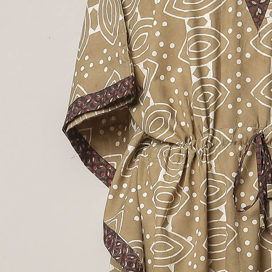 Brown - Pipad Hand Block Printed Cotton Kaftan with Tie-Up Waist (Long)