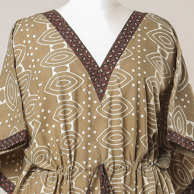 Brown - Pipad Hand Block Printed Cotton Kaftan with Tie-Up Waist (Long)