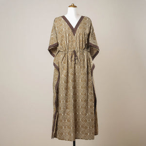 Brown - Pipad Hand Block Printed Cotton Kaftan with Tie-Up Waist (Long)
