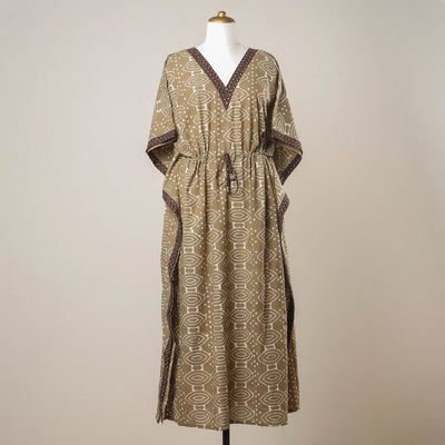 Brown - Pipad Hand Block Printed Cotton Kaftan with Tie-Up Waist (Long)