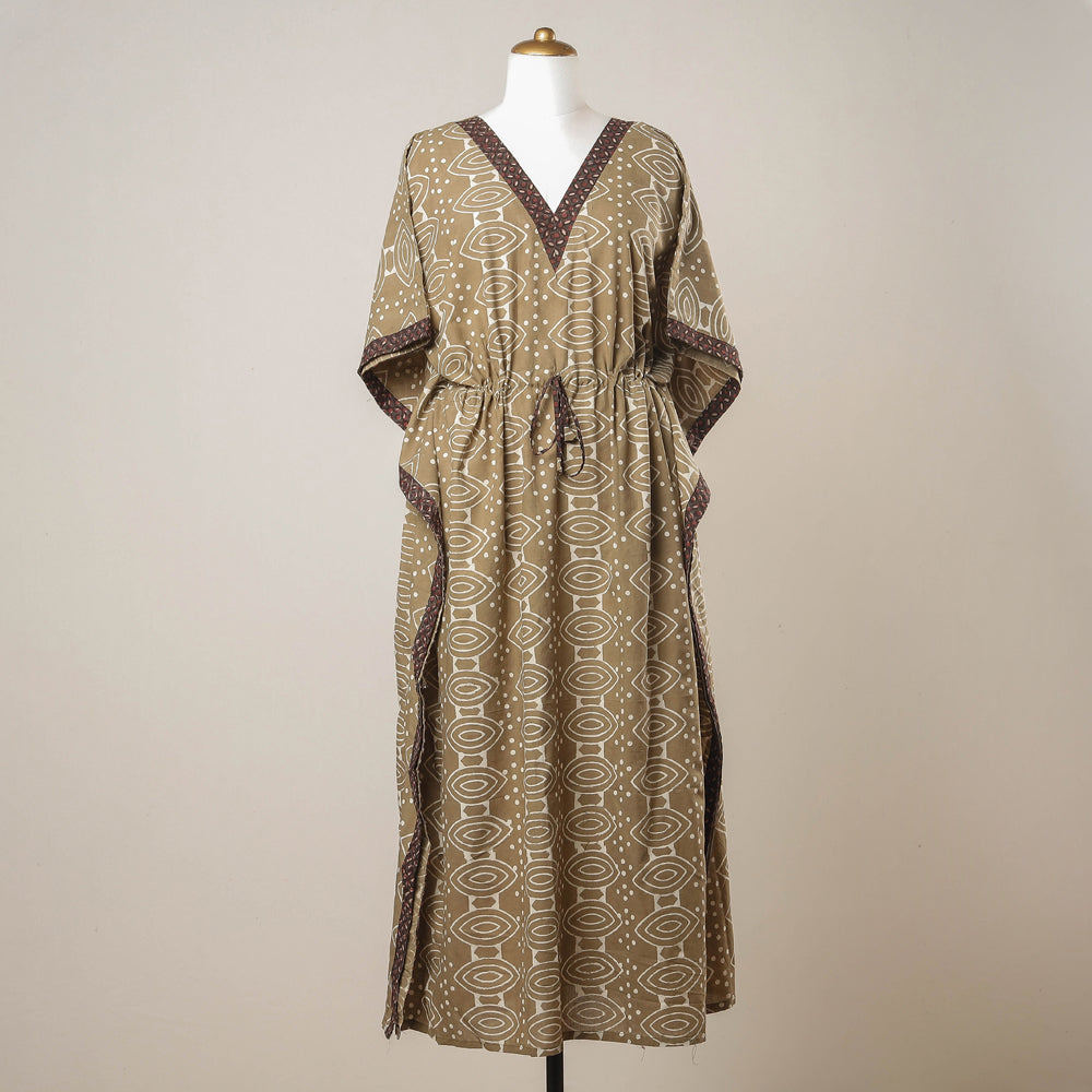 Brown - Pipad Hand Block Printed Cotton Kaftan with Tie-Up Waist (Long)