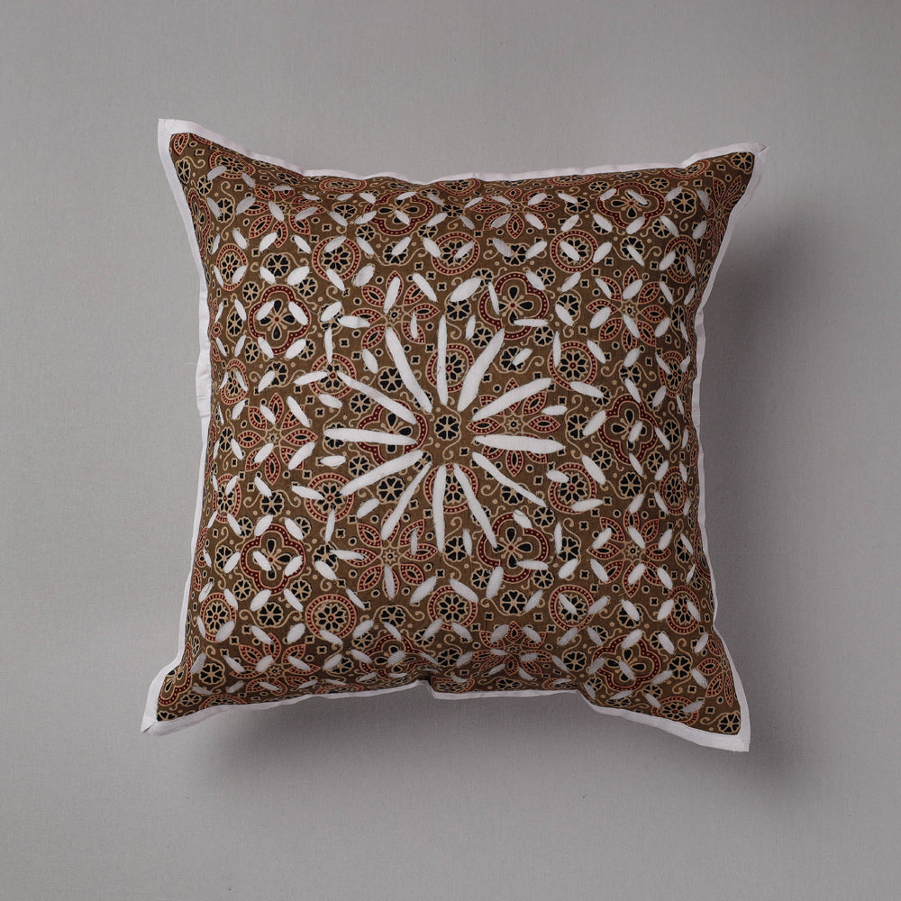 Brown - Cutwork Cotton Applique Cushion Cover (16 x 16 in)