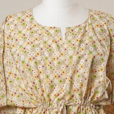 Beige - Sanganeri Printed Cotton Kaftan with Tie-Up Waist (Short)