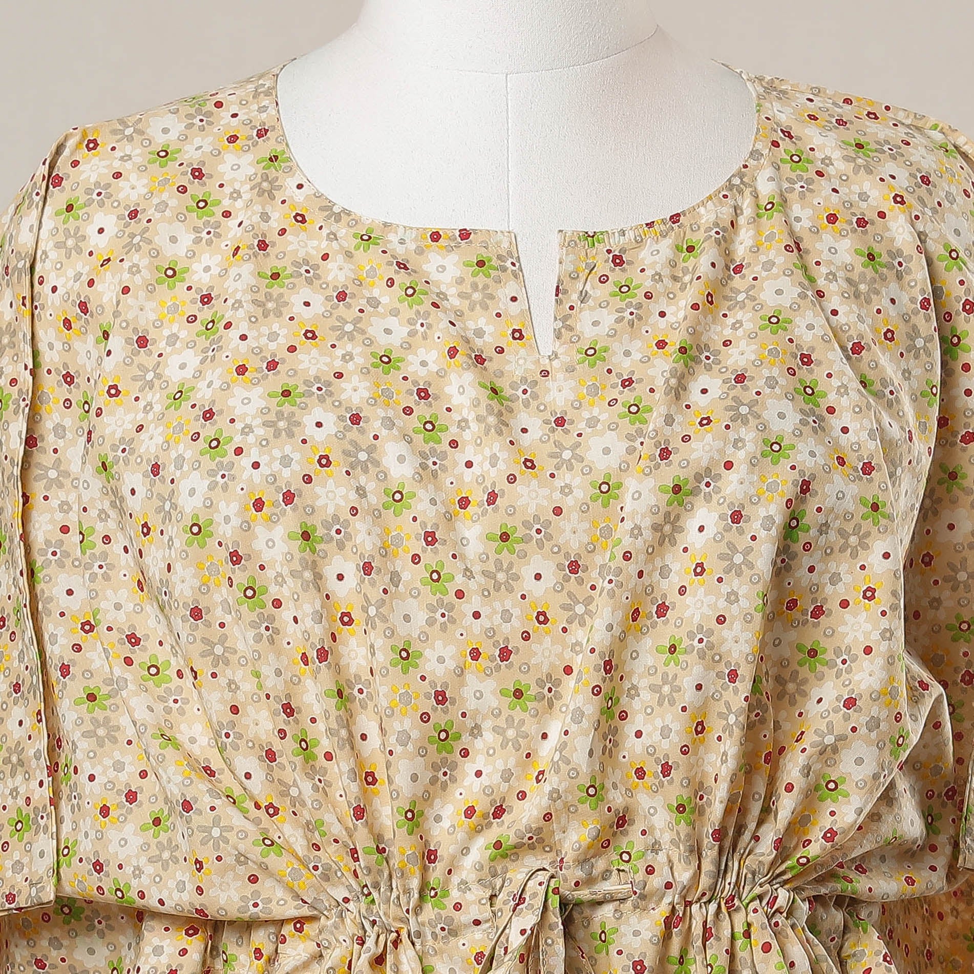 Beige - Sanganeri Printed Cotton Kaftan with Tie-Up Waist (Short)
