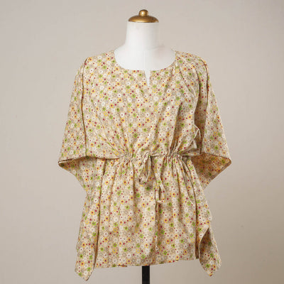 Beige - Sanganeri Printed Cotton Kaftan with Tie-Up Waist (Short)