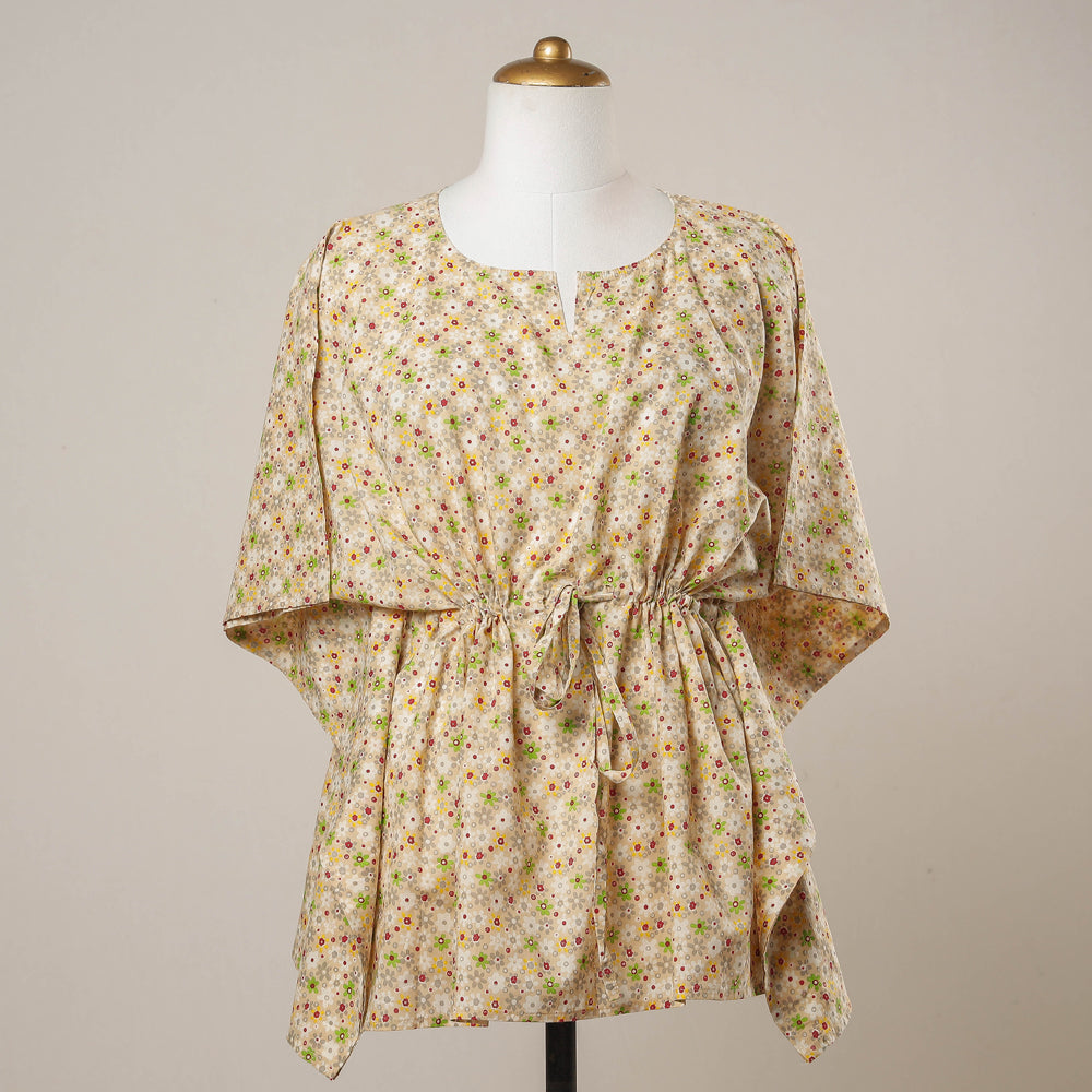 Beige - Sanganeri Printed Cotton Kaftan with Tie-Up Waist (Short)