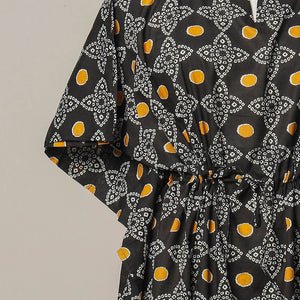 Black - Sanganeri Printed Cotton Kaftan with Tie-Up Waist (Medium)