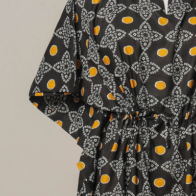 Black - Sanganeri Printed Cotton Kaftan with Tie-Up Waist (Medium)