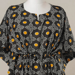Black - Sanganeri Printed Cotton Kaftan with Tie-Up Waist (Medium)