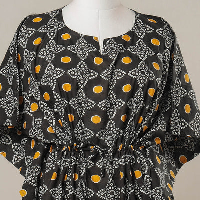 Black - Sanganeri Printed Cotton Kaftan with Tie-Up Waist (Medium)