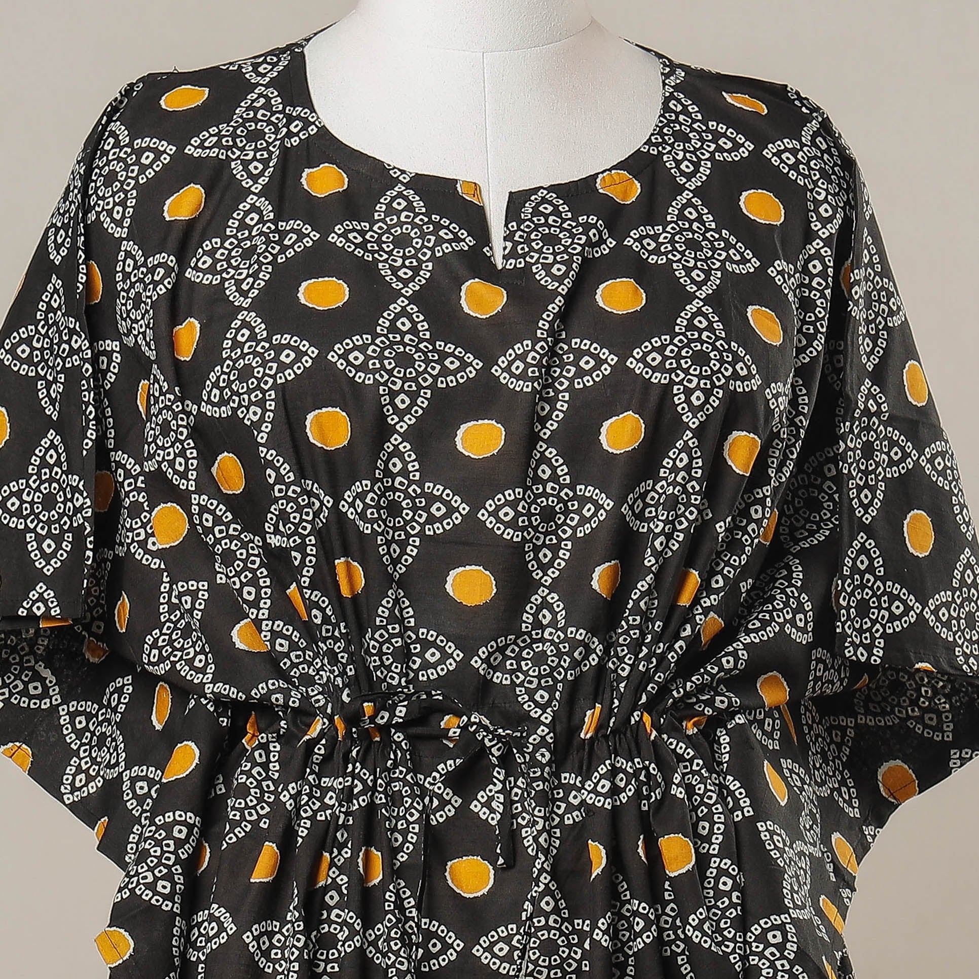 Black - Sanganeri Printed Cotton Kaftan with Tie-Up Waist (Medium)