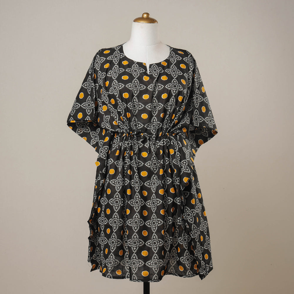 Black - Sanganeri Printed Cotton Kaftan with Tie-Up Waist (Medium)
