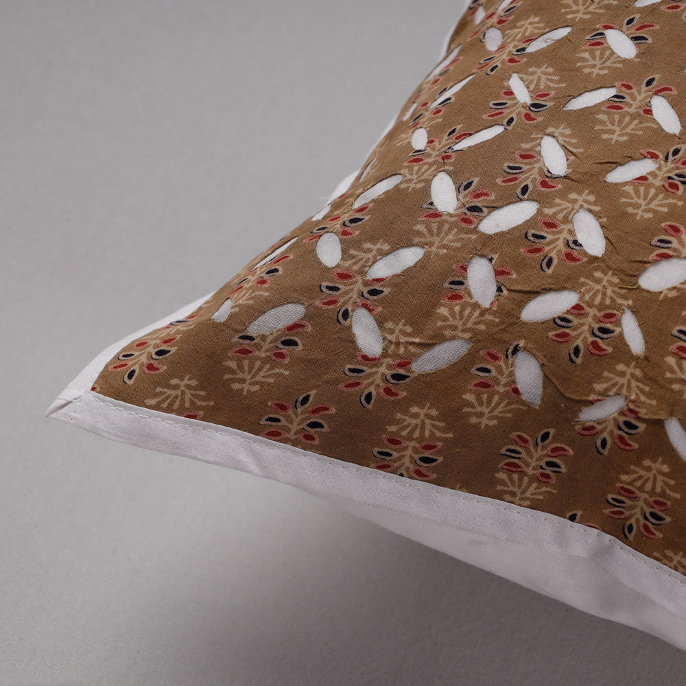 Brown - Cutwork Cotton Applique Cushion Cover (16 x 16 in)