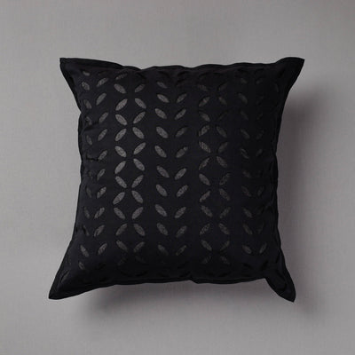 Black - Cutwork Cotton Applique Cushion Cover (16 x 16 in)