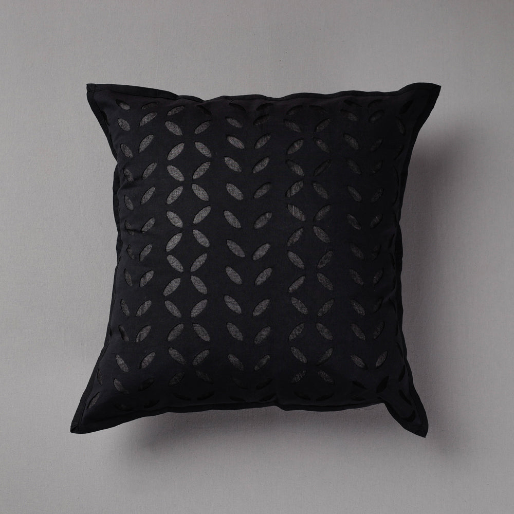 Black - Cutwork Cotton Applique Cushion Cover (16 x 16 in)