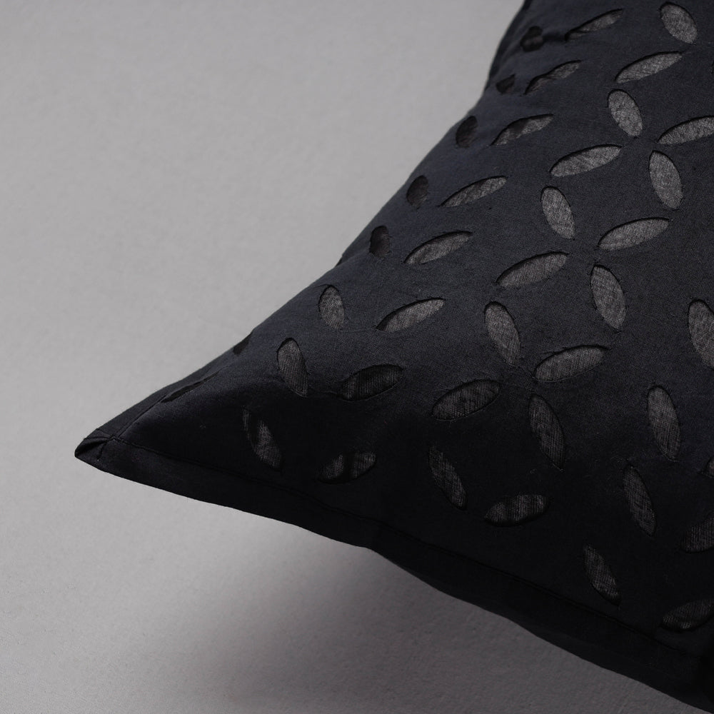 Black - Cutwork Cotton Applique Cushion Cover (16 x 16 in)