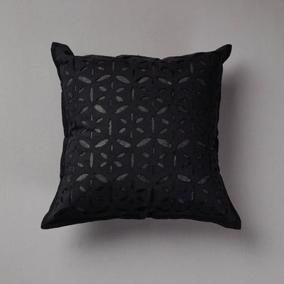 Black - Cutwork Cotton Applique Cushion Cover (16 x 16 in)