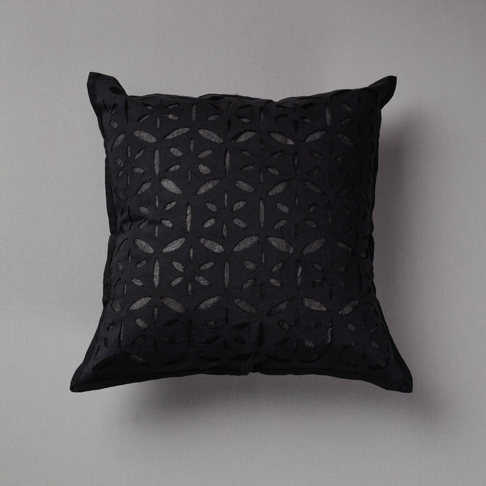 Black - Cutwork Cotton Applique Cushion Cover (16 x 16 in)