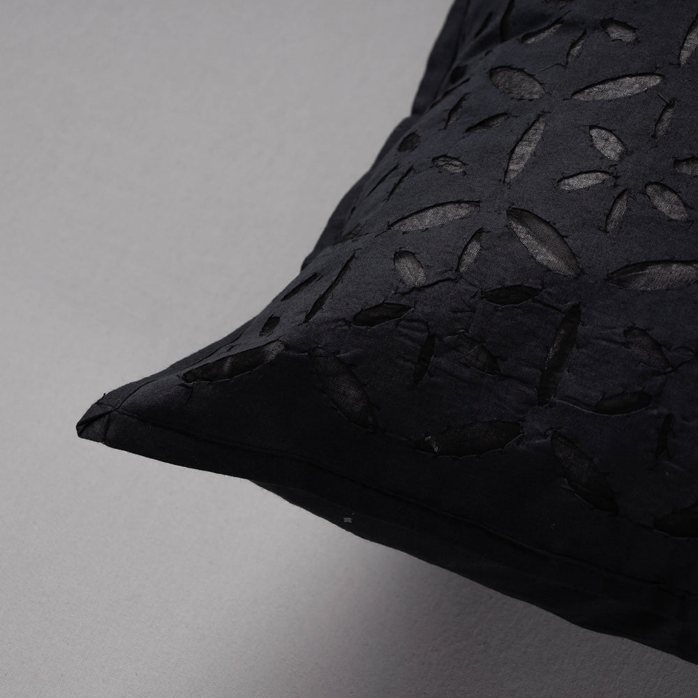 Black - Cutwork Cotton Applique Cushion Cover (16 x 16 in)