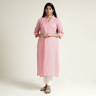 Baby Pink - Jacquard Cotton Long Straight Kurta