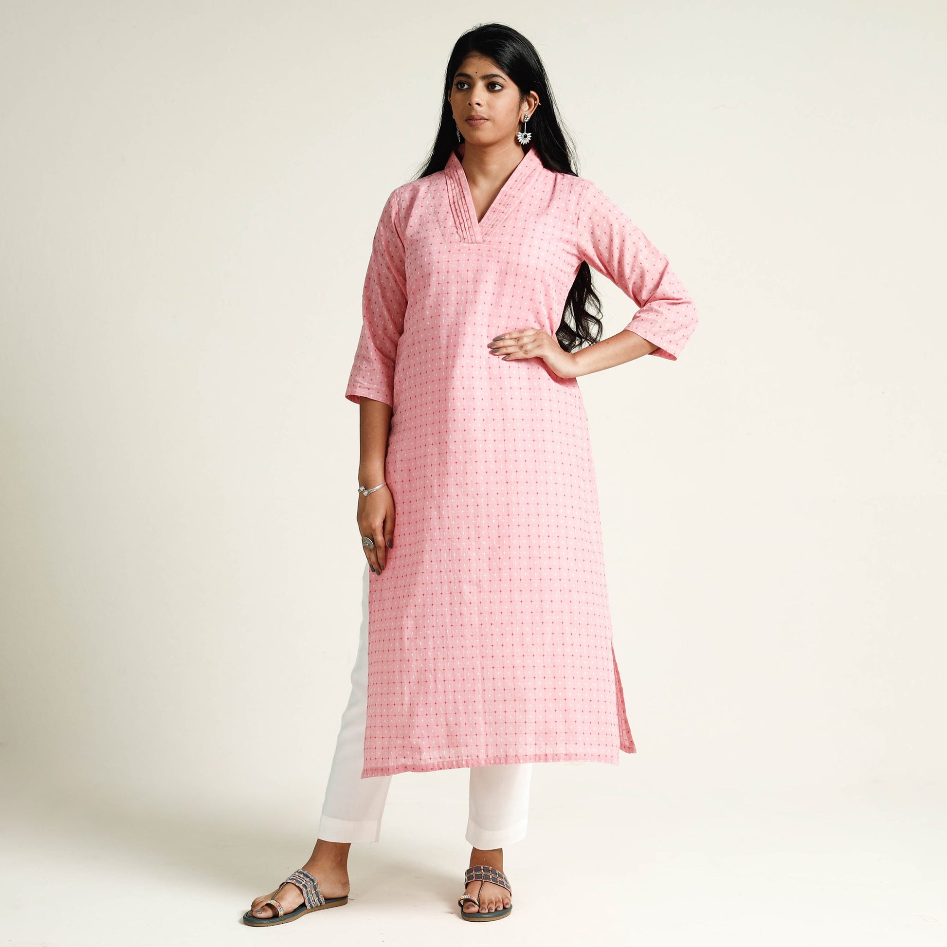 Baby Pink - Jacquard Cotton Long Straight Kurta