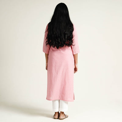 Baby Pink - Jacquard Cotton Long Straight Kurta