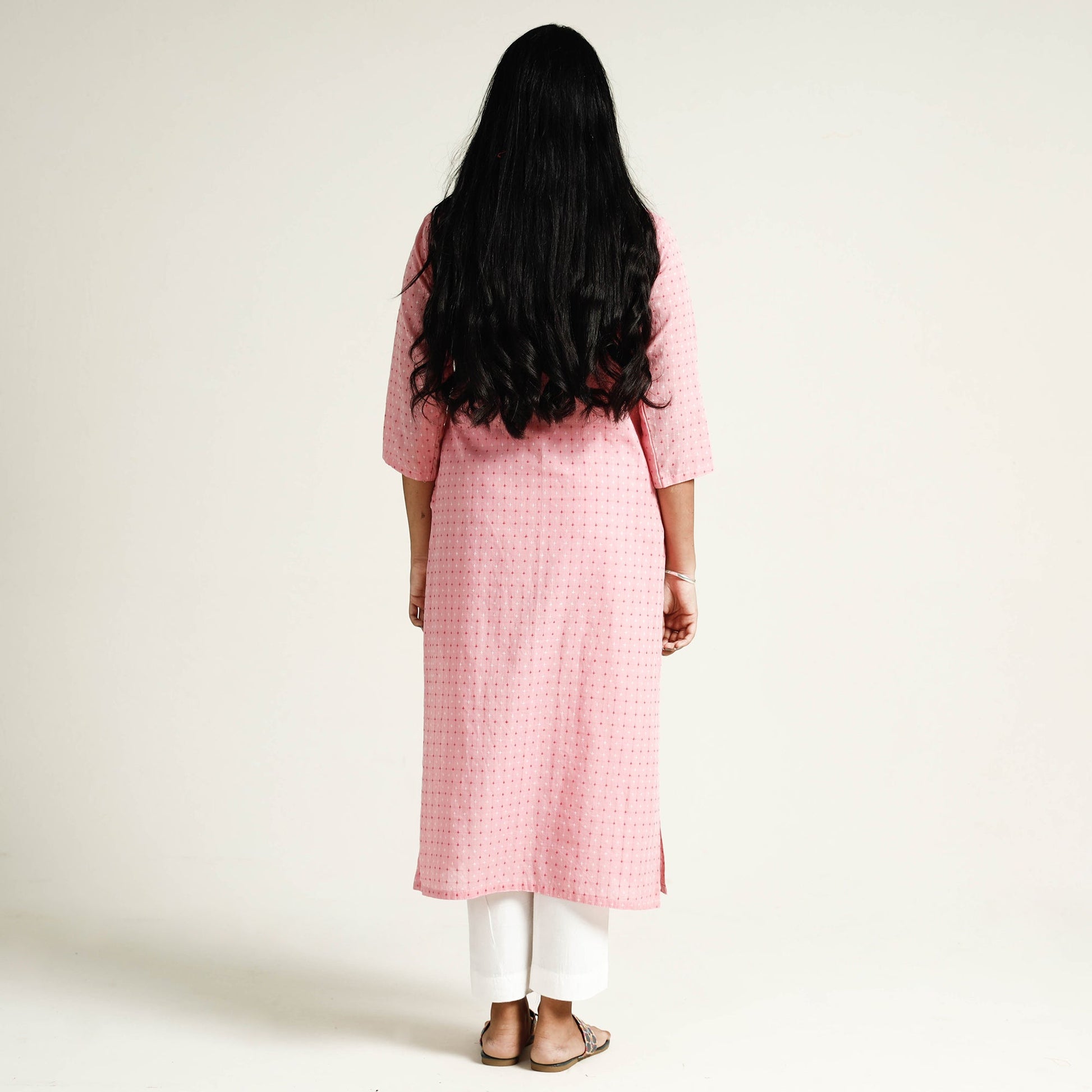 Baby Pink - Jacquard Cotton Long Straight Kurta