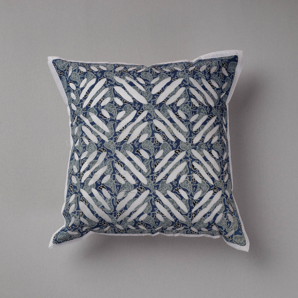 Blue - Cutwork Cotton Applique Cushion Cover (16 x 16 in)