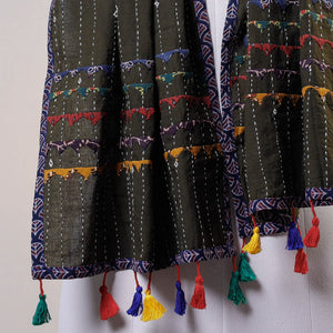 Brown - Kutch Tagai Work Ajrakh Border Cotton Stole with Tassels