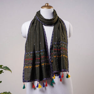 Brown - Kutch Tagai Work Ajrakh Border Cotton Stole with Tassels