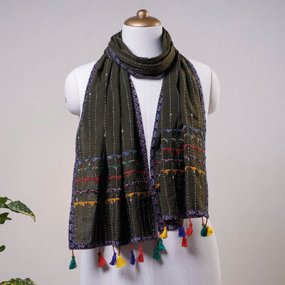 Brown - Kutch Tagai Work Ajrakh Border Cotton Stole with Tassels